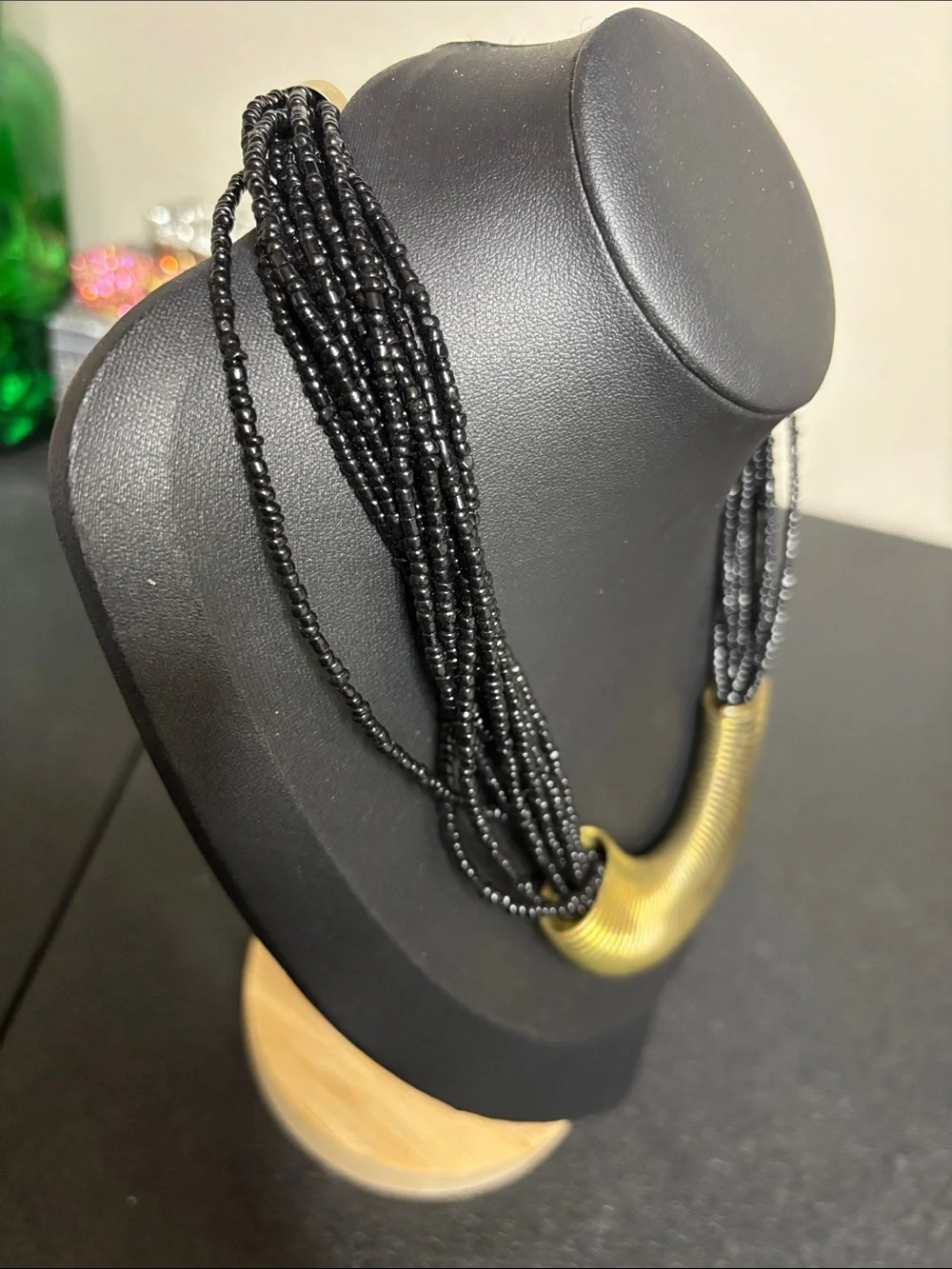Black Glass Beaded Multi-Strand Necklace with Gold Tone  Curved Accent